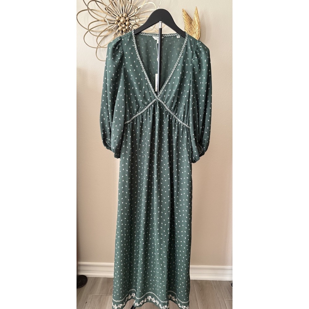 Max Studio London Green Boho Maxi Dress Women's S NWT Long Sleeve Cottagecore
